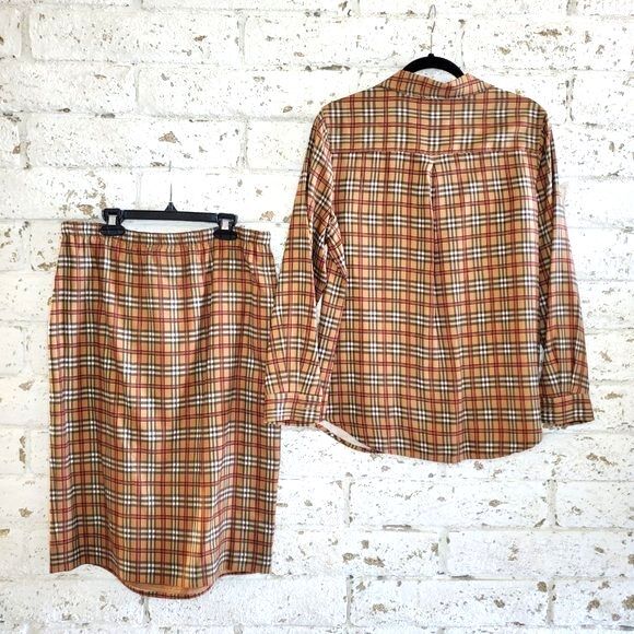 VTG NATURAL ELEMENTS 100% Silk Plaid Matching Skirt Top Tartan Preppy Norm SZ 10 - Picture 2 of 12